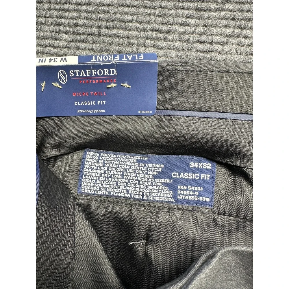 Stafford Pants Mens 34x32 Gray‎ Classic Fit Flat Front Micro Twill Performance